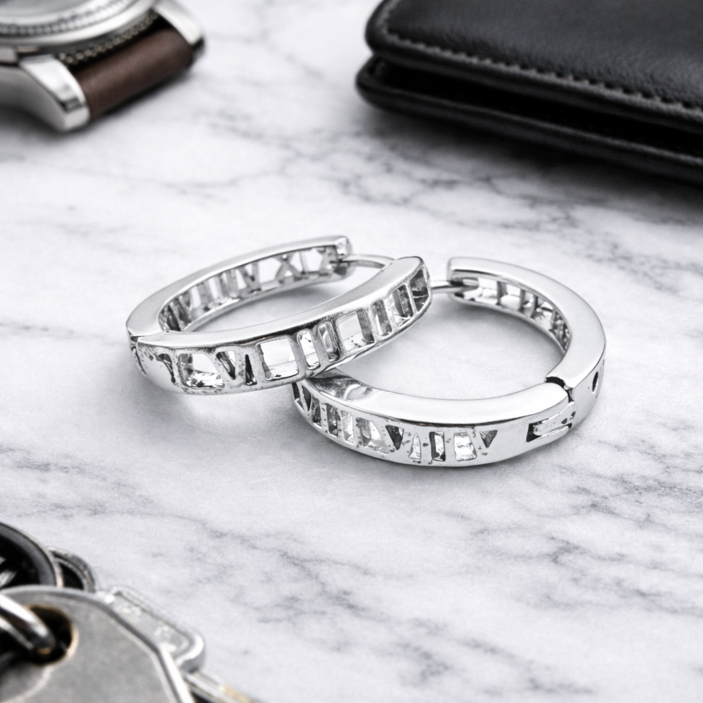Mens Roman Numerial, Hoop Earring, Man Silver Hoop Earrings, Huggie Earring For Men, Earrings For Him, A134 The Funky Bird - {{mens earrings}}