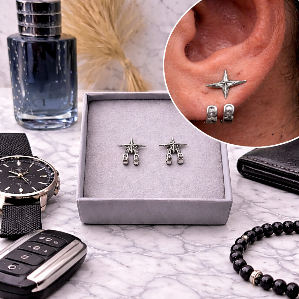 Mens Jewellery - Silver Stud Earrings, Men, Minimalist Male Jewellery, Silver, Mens Stud Earrings, Studs for Men, star hook earrings, A480 The Funky Bird - {{mens earrings}}