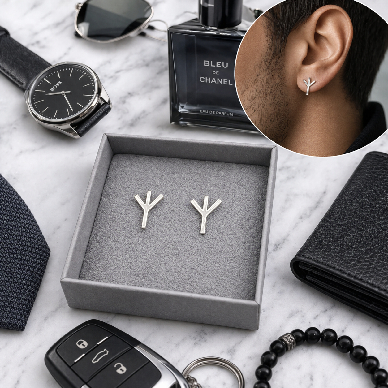 Mens Earrings - Silver Stud Earrings, Men, Minimalist Male Earring, Rune, Defense, Protection, Mens Stud Earrings, Studs for Men, A255 The Funky Bird - {{mens earrings}}