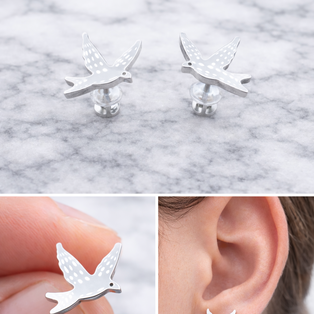 Everyday Wear Earrings - dainty Birthday Silver Bird Earrings, Swift Bird Earrings gift for her nature lover everyday wear, A077 The Funky Bird - {{mens earrings}}
