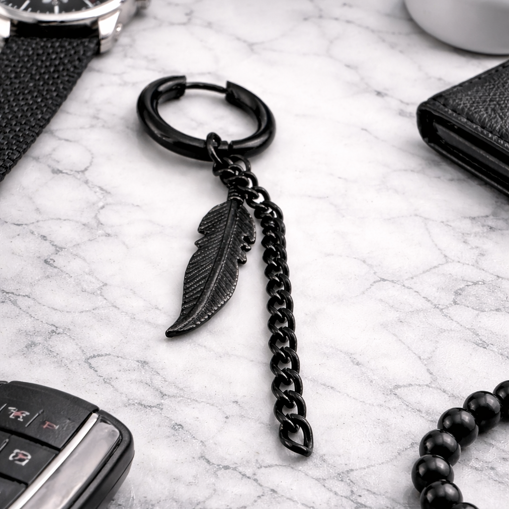 Black Feather and Chain, Earring, Mens Earrings, Black Bar Earrings, Minimalist, Male Earring, Mens, Single earring for Men, A120 The Funky Bird - {{mens earrings}}