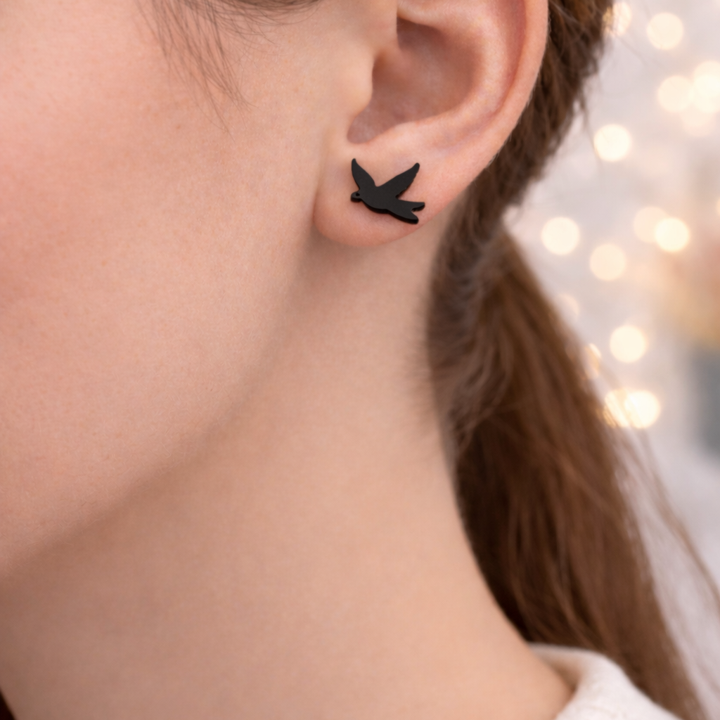 Black Bird Swift Earrings - bird studs, bird coloured studs, minimalistic earring, Funky earrings, Unique, A078 The Funky Bird - {{mens earrings}}