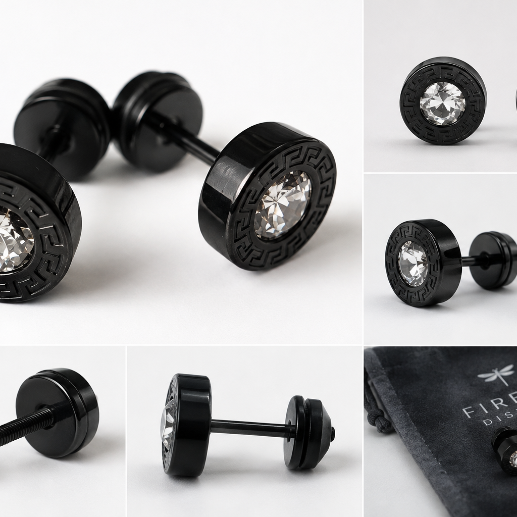 Black crystal Greek key threaded flat back stud earrings product views