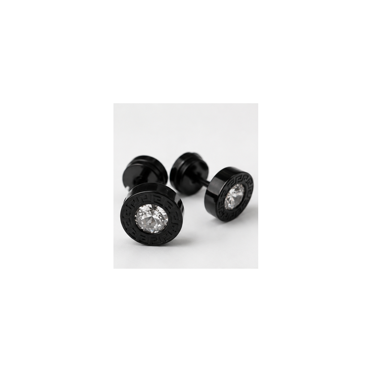 Black crystal Greek key men's stud earrings angled studio view