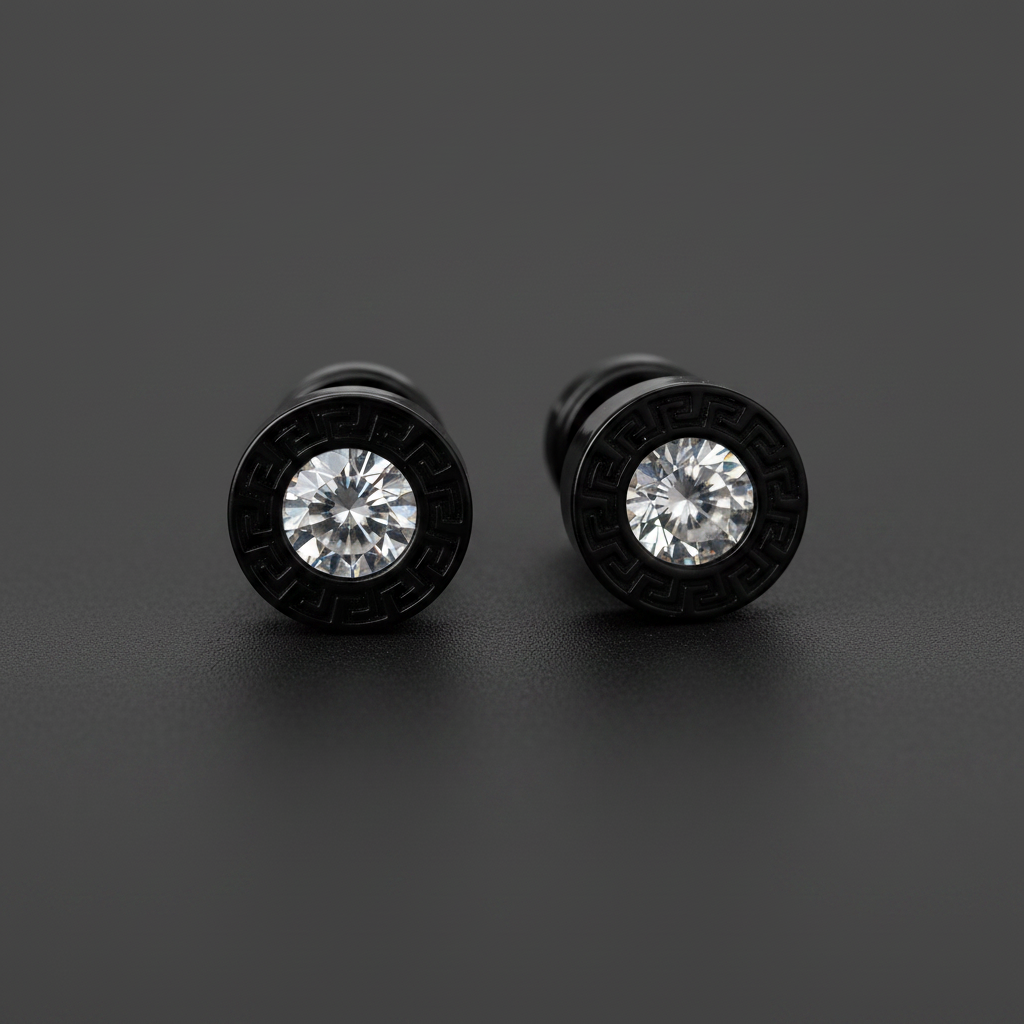 Men's Black Crystal Flat Back Stud Earrings – Threaded Stainless Steel - A308 Firefly District - {{mens earrings}}