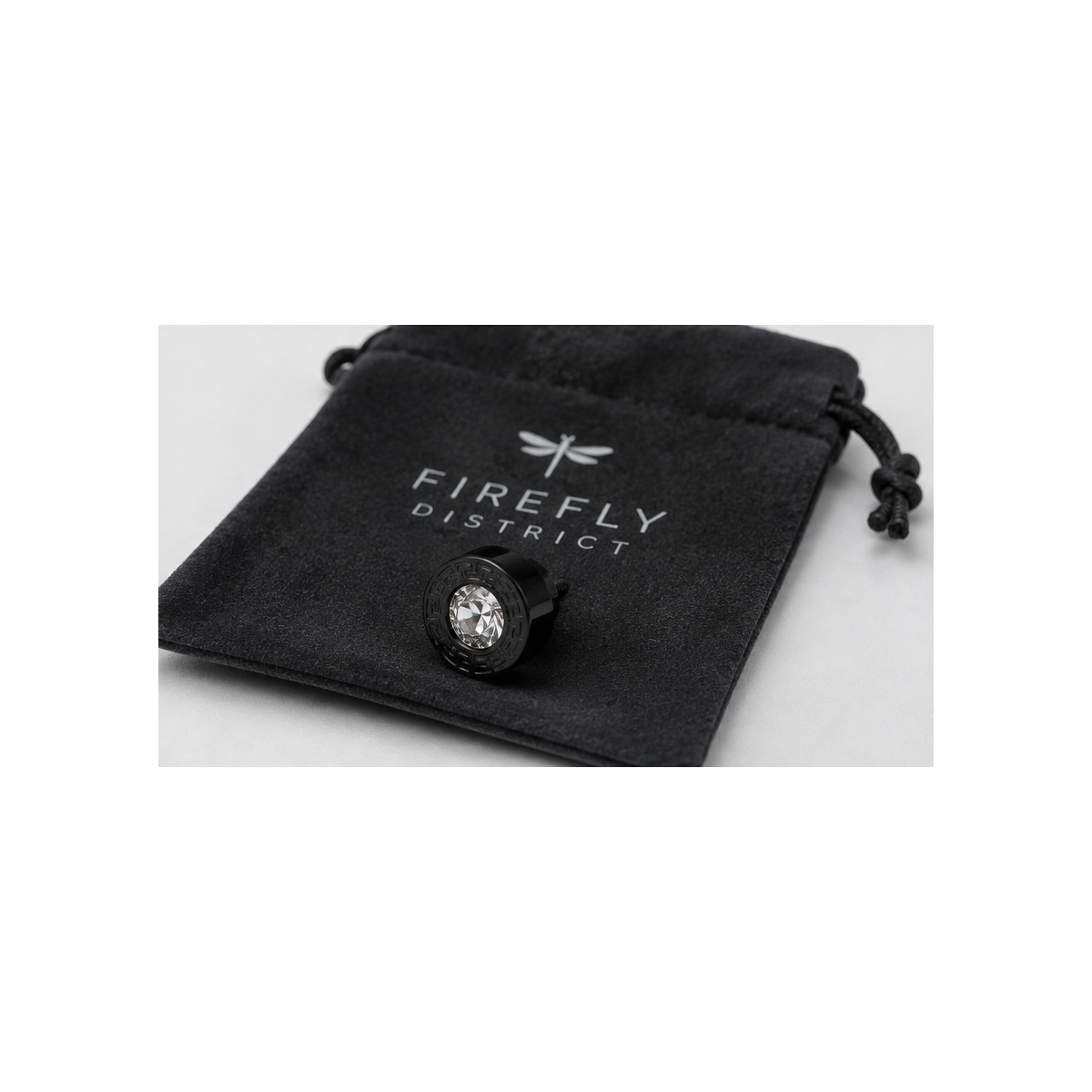Black crystal men's flat back stud earring with Firefly District packaging