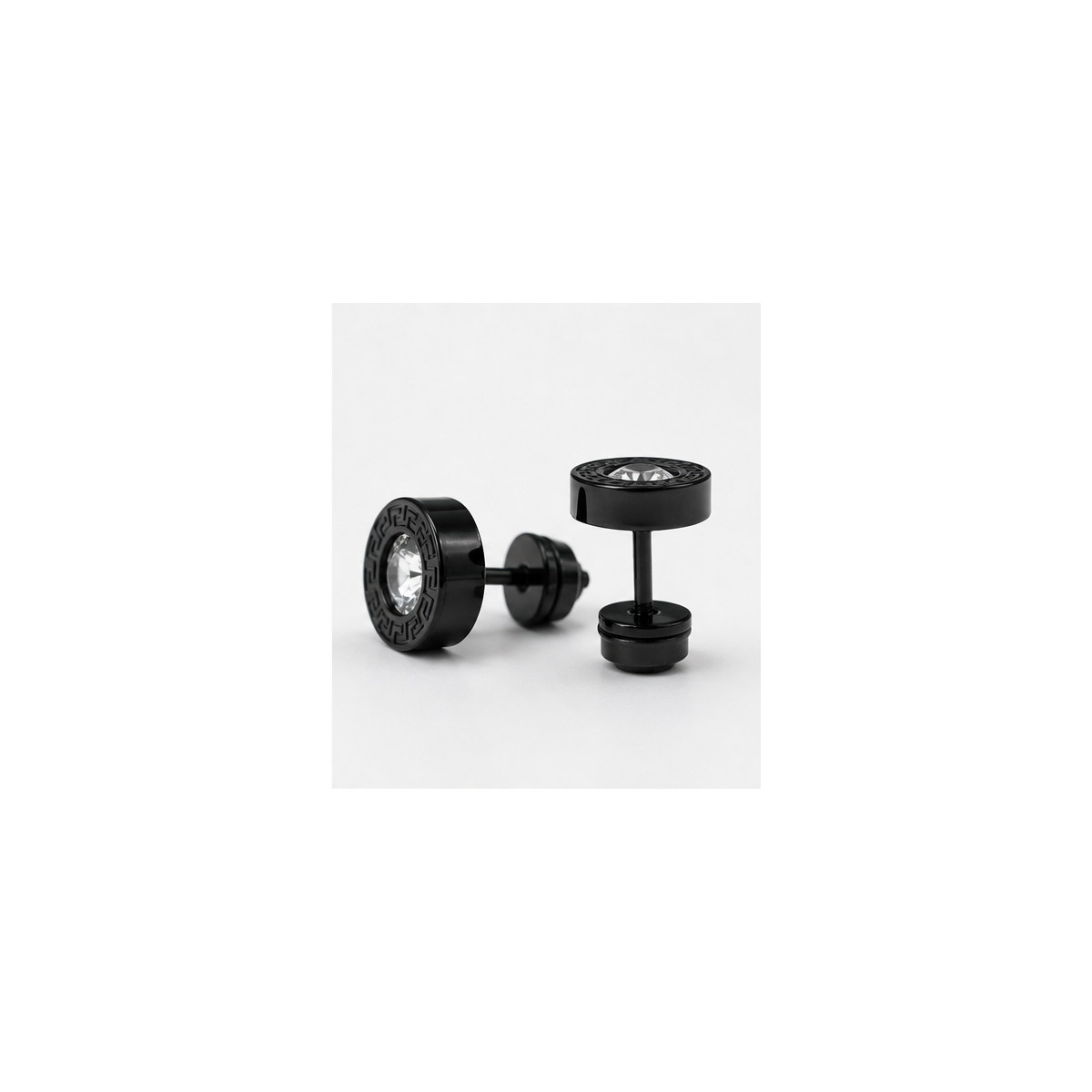 Black crystal threaded flat back stud earrings showing front and back