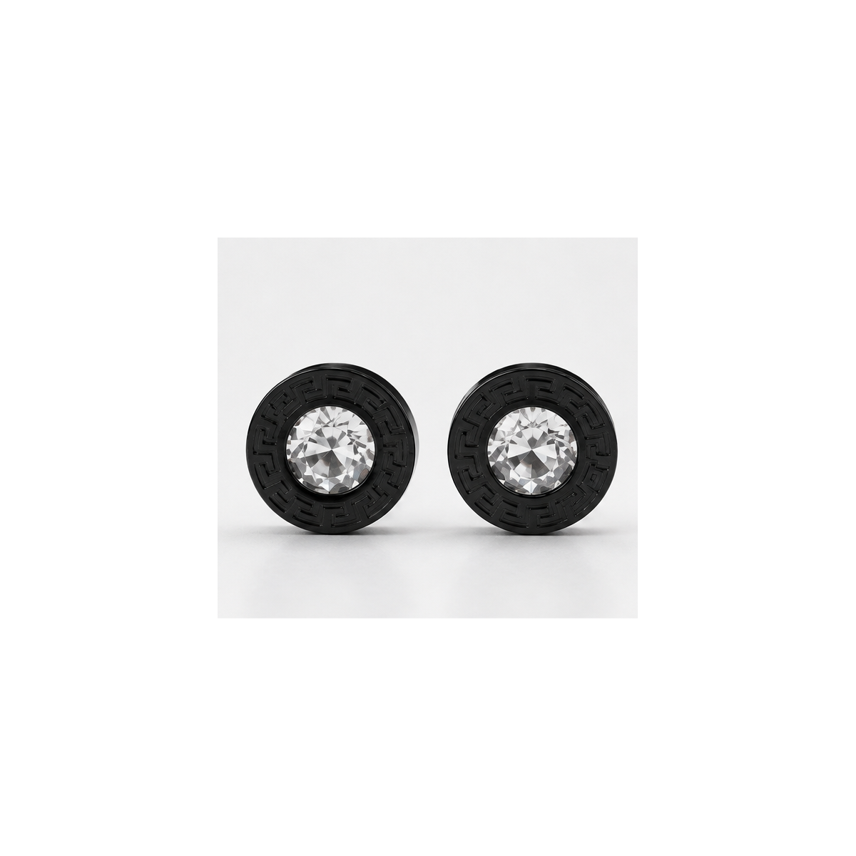 Black crystal Greek key flat back stud earrings front pair