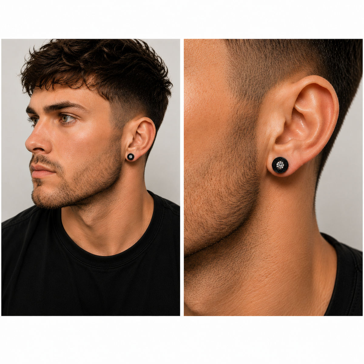 Male model and close-up ear detail wearing black crystal Greek key stud earring