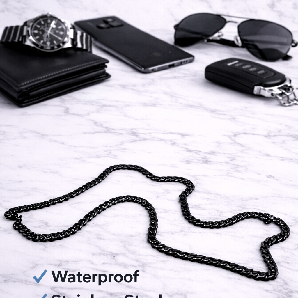 Black Chain Necklace for Men - Black Chain - Stainless Steel - 60cm - Mens Black Chain Black Waterproof Chain - Men's Jewelry Necklace, B010 The Funky Bird - {{mens earrings}}