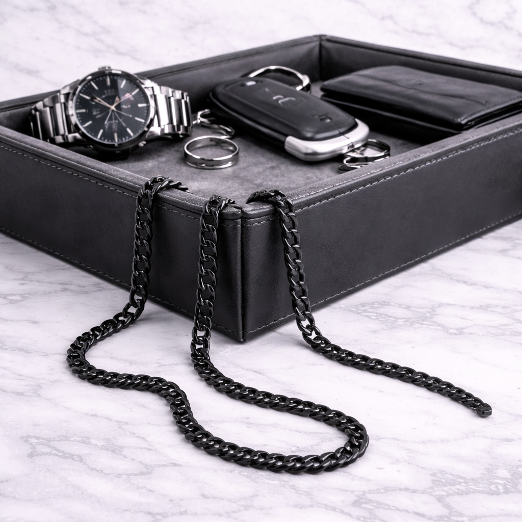Black Chain Necklace for Men - Black Chain - Stainless Steel - 60cm - Mens Black Chain Black Waterproof Chain - Men's Jewelry Necklace, B010 The Funky Bird - {{mens earrings}}