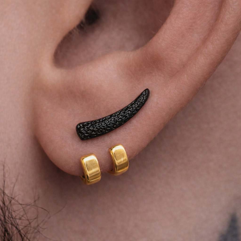 Black Horn and Gold Wrap Earrings for Men, Double Hoop Ear Jacket, Stainless Steel Ear Wrap Stud, Edgy Alternative Mens Earrings, Goth Punk Jewelry, B021 (Copy) The Funky Bird - {{mens earrings}}