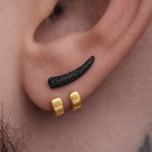Black Horn and Gold Wrap Earrings for Men, Double Hoop Ear Jacket, Stainless Steel Ear Wrap Stud, Edgy Alternative Mens Earrings, Goth Punk Jewelry, B021 (Copy) The Funky Bird - {{mens earrings}}