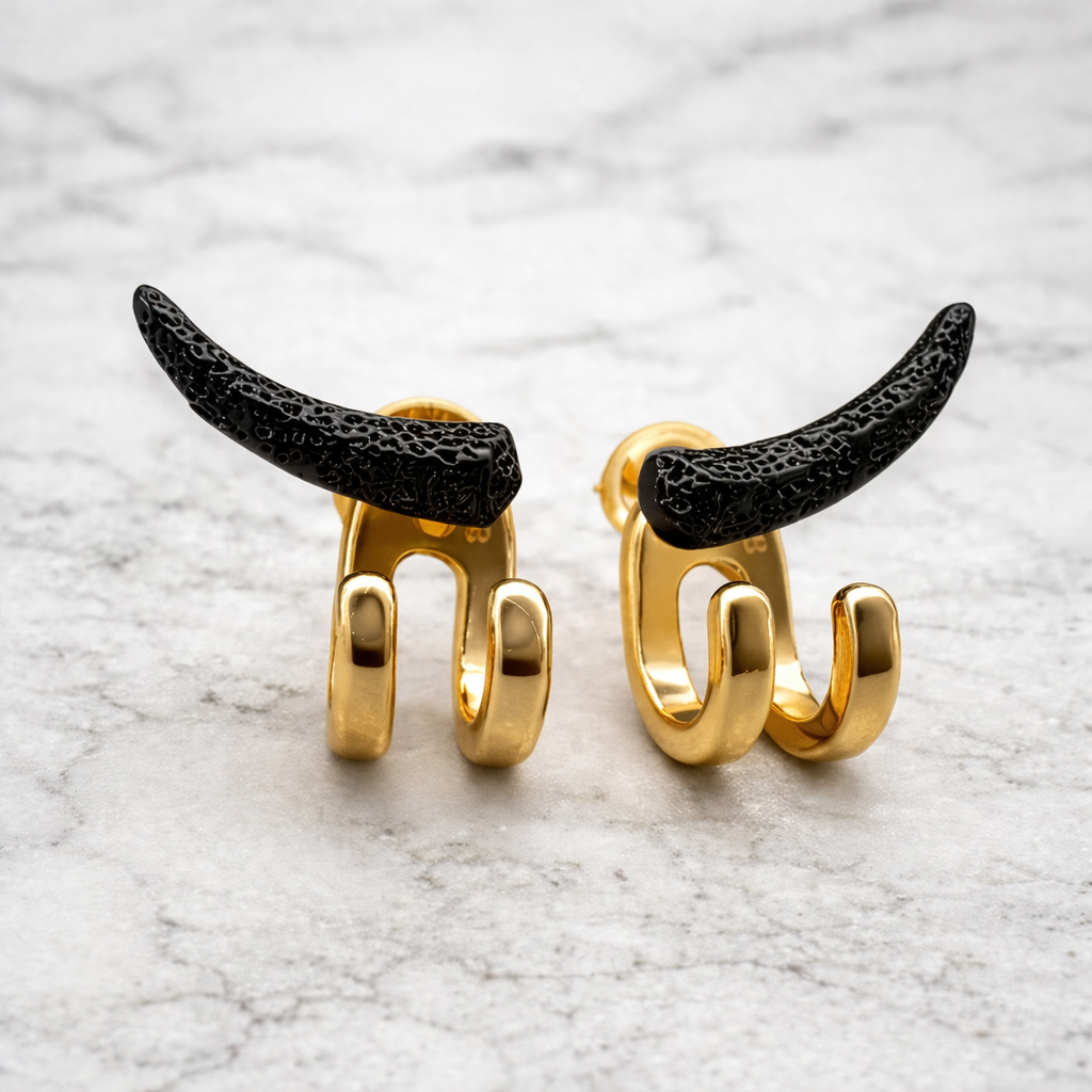Black Horn and Gold Wrap Earrings for Men, Double Hoop Ear Jacket, Stainless Steel Ear Wrap Stud, Edgy Alternative Mens Earrings, Goth Punk Jewelry, B021 (Copy) The Funky Bird - {{mens earrings}}