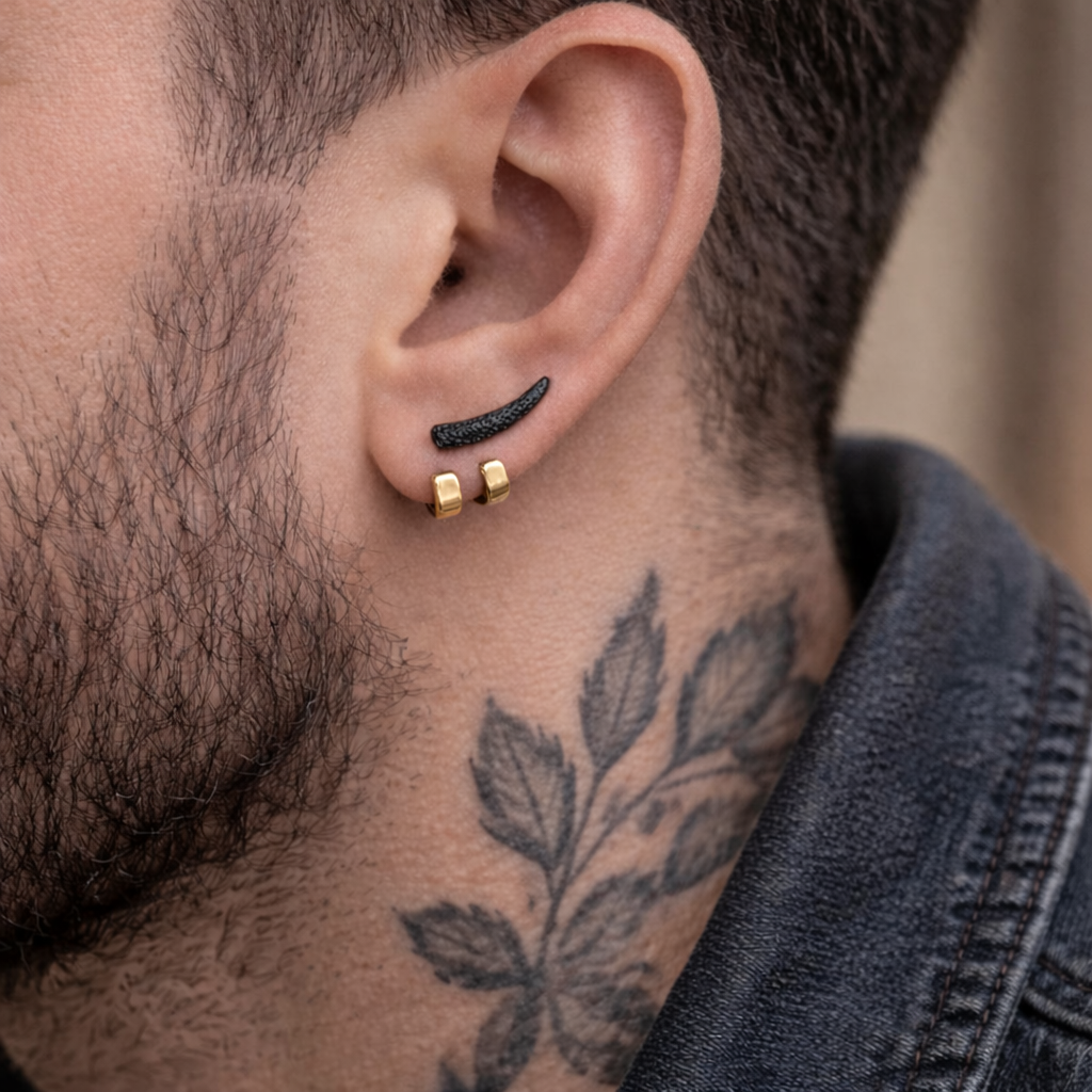 Black Horn and Gold Wrap Earrings for Men, Double Hoop Ear Jacket, Stainless Steel Ear Wrap Stud, Edgy Alternative Mens Earrings, Goth Punk Jewelry, B021 (Copy) The Funky Bird - {{mens earrings}}