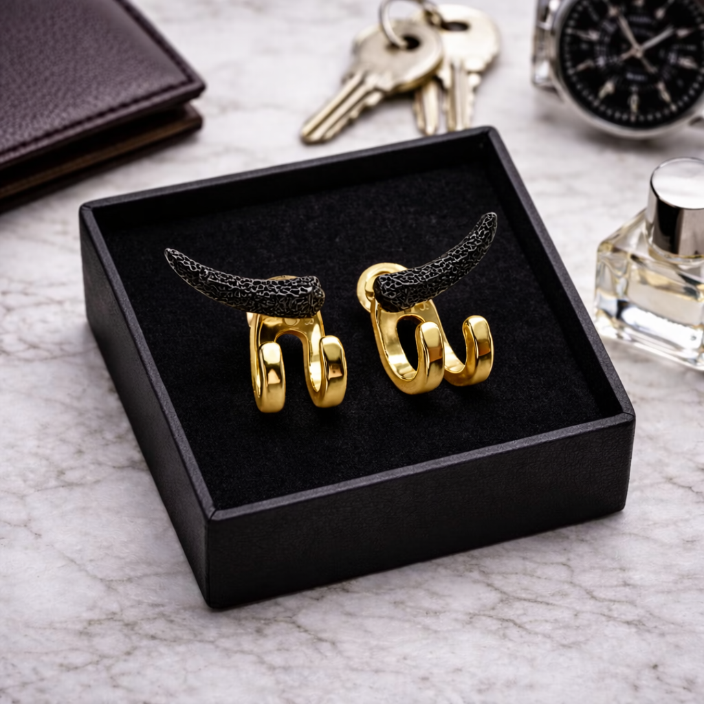 Black Horn and Gold Wrap Earrings for Men, Double Hoop Ear Jacket, Stainless Steel Ear Wrap Stud, Edgy Alternative Mens Earrings, Goth Punk Jewelry, B021 (Copy) The Funky Bird - {{mens earrings}}
