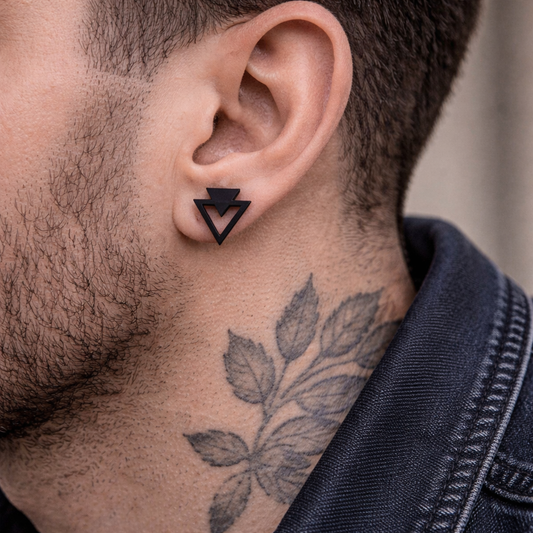 Black Studs Triangle Earrings, Mens Black Earrings - Black Edgy Earrings Manly Black punk Viking Indy rock Unique gift, A007 The Funky Bird - {{mens earrings}}