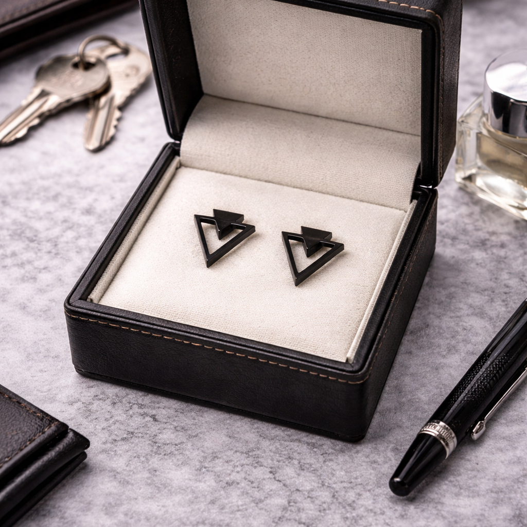 Black Manly Triangle Earrings, Mens Black Earrings - Black Edgy Earrings , Funky, Manly, Black, punk, Viking, Indy, rock, Unique gift, A007 The Funky Bird - {{mens earrings}}