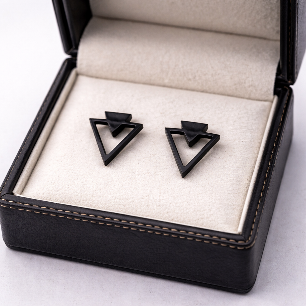 Black Studs Triangle Earrings, Mens Black Earrings - Black Edgy Earrings Manly Black punk Viking Indy rock Unique gift, A007 The Funky Bird - {{mens earrings}}