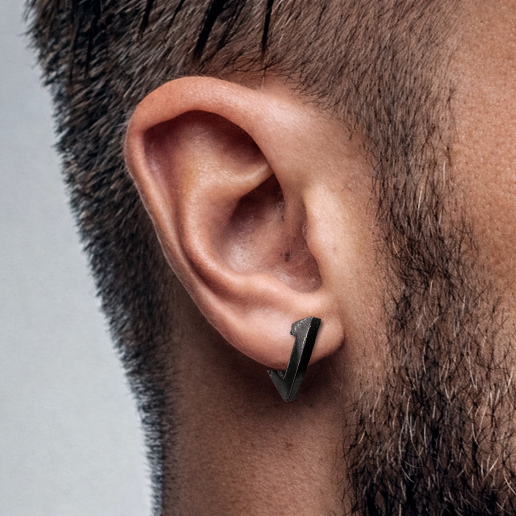 Mens Earrings - Black Triangle Earring, Men, Minimalist Male Earring, Sterling Silver, Mens Stud Earrings, Single earring for Men, A311 The Funky Bird - {{mens earrings}}