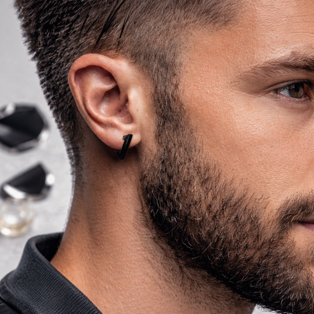 Mens Earrings - Black Triangle Earring, Men, Minimalist Male Earring, Sterling Silver, Mens Stud Earrings, Single earring for Men, A311 The Funky Bird - {{mens earrings}}