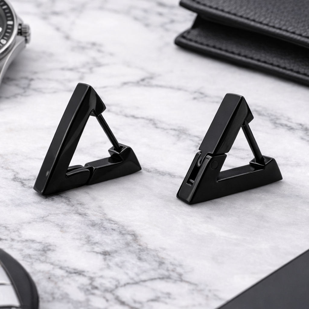 Mens Earrings - Black Triangle Earring, Men, Minimalist Male Earring, Sterling Silver, Mens Stud Earrings, Single earring for Men, A311 The Funky Bird - {{mens earrings}}
