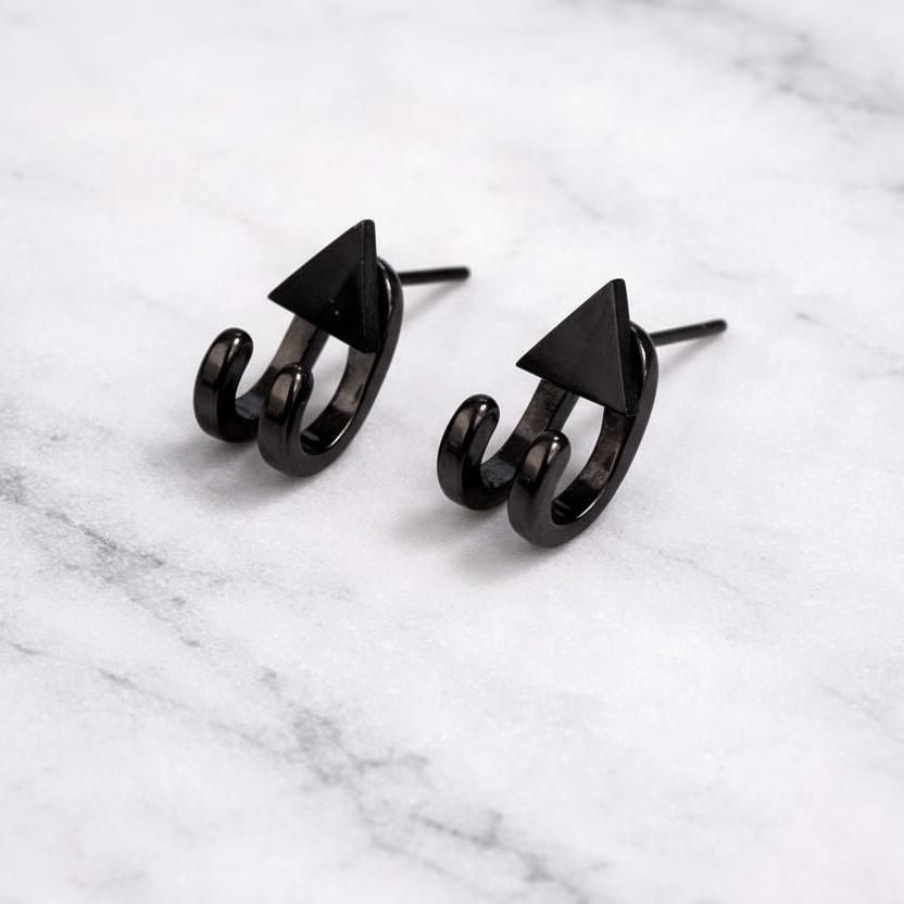 Black triangle studs with black wraps for men, A501 BWrap Firefly District - {{mens earrings}}