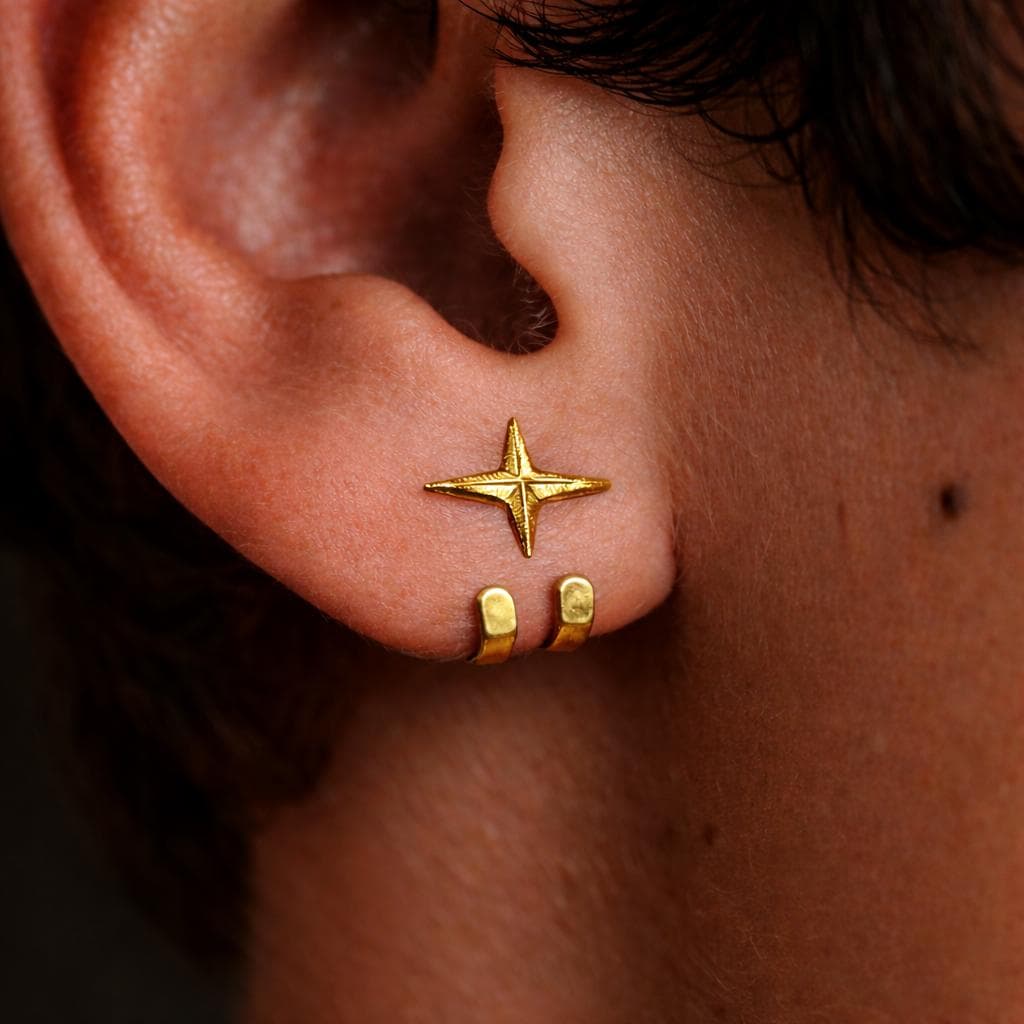 Gold Star Stud Earrings with Wrap Cuff, Stainless Steel Waterproof Earrings, Minimalist Star Earrings, Mens Womens Ear Wrap Studs, Gift A478 Firefly District - {{mens earrings}}