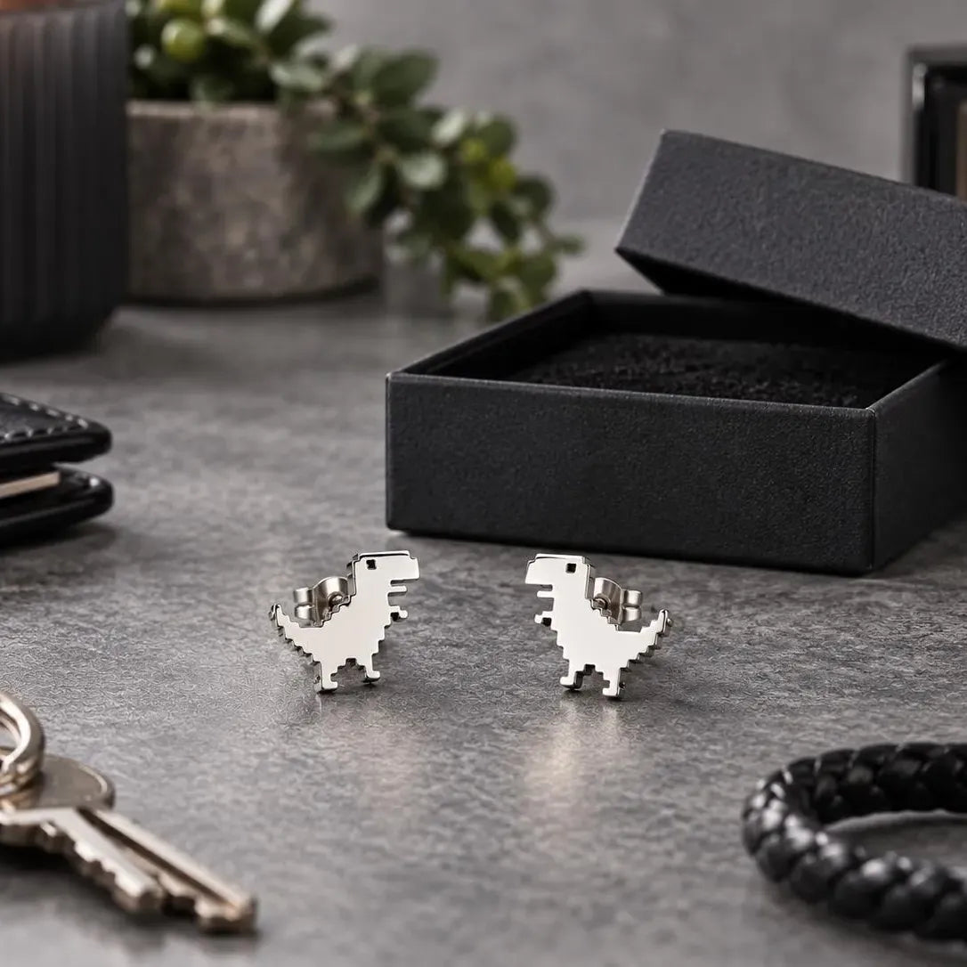 Pixel Jewelry Dinosaur Silver Earrings: A Fusion of Prehistory and Technology, Digital Dinosaur Earrings , Gaming Earrings, 925, A248 Firefly District - {{mens earrings}}