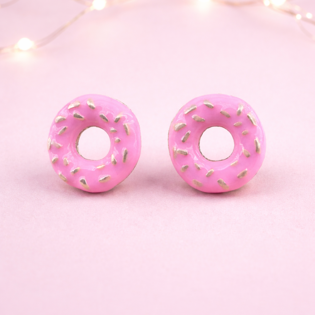 Donut Earrings, Donut lover, Gift for Cook, Unique fun gift for teens or for girls fun Donut Earrings, Pink Studs Food Jewelry, A064 The Funky Bird - {{mens earrings}}