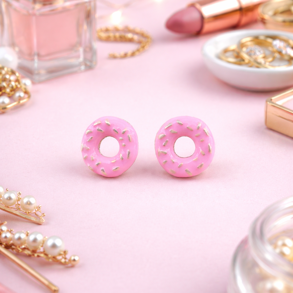 Donut Earrings, Donut lover, Gift for Cook, Unique fun gift for teens or for girls fun Donut Earrings, Pink Studs Food Jewelry, A064 The Funky Bird - {{mens earrings}}