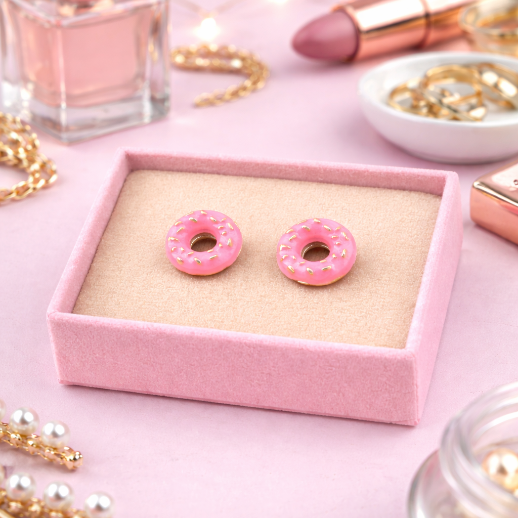 Donut Earrings, Donut lover, Gift for Cook, Unique fun gift for teens or for girls fun Donut Earrings, Pink Studs Food Jewelry, A064 The Funky Bird - {{mens earrings}}