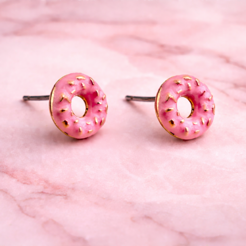Donut Earrings, Donut lover, Gift for Cook, Unique fun gift for teens or for girls fun Donut Earrings, Pink Studs Food Jewelry, A064 The Funky Bird - {{mens earrings}}