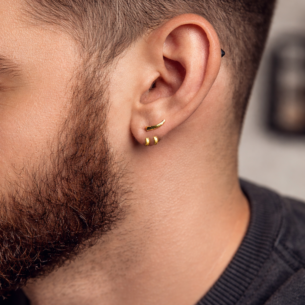Mens Earrings - Gold Stud Earrings, Men, Minimalist Male Earring, 18k Gold, Mens Stud Earrings, Studs for Men, tick v hoop earrings, B020 The Funky Bird - {{mens earrings}}