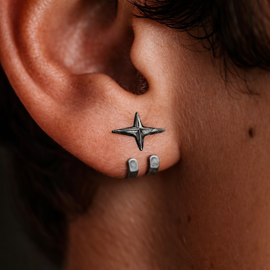 Mens Earrings - Gun Metal Grey Silver Stud Earrings, Minimalist Male Earring, Mens Stud Earrings, Studs for Men, star hook earrings, A479 The Funky Bird - {{mens earrings}}