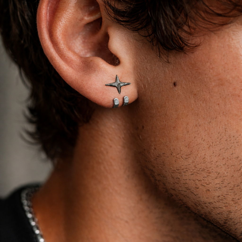 Mens Earrings - Gun Metal Grey Silver Stud Earrings, Minimalist Male Earring, Mens Stud Earrings, Studs for Men, star hook earrings, A479 The Funky Bird - {{mens earrings}}