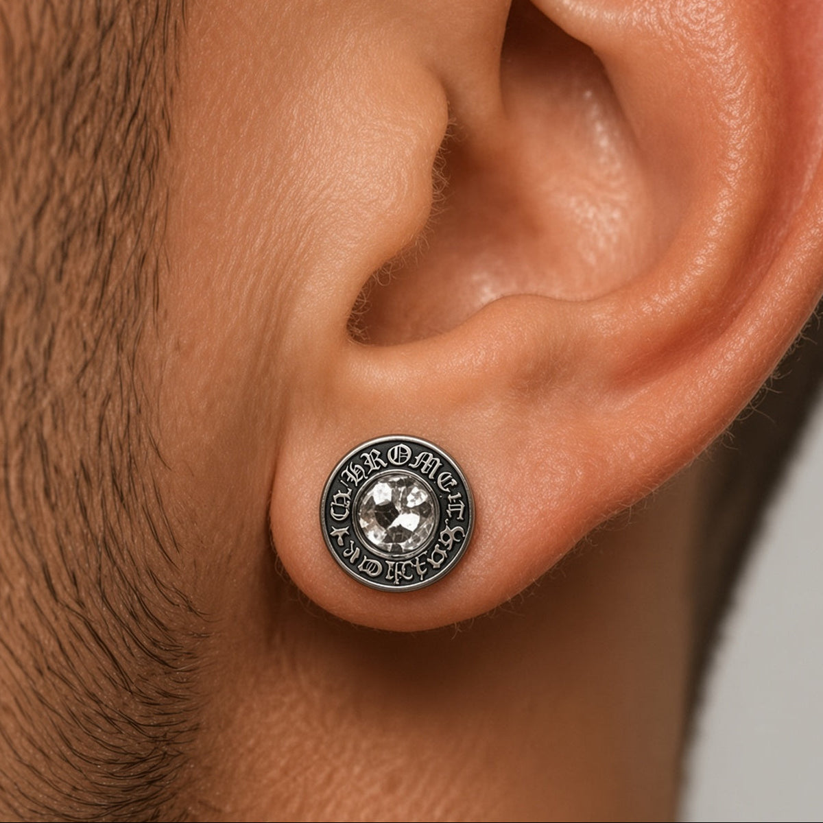 Men's Silver Crystal Flat Back Stud Earrings – Threaded Stainless Steel - A309 Firefly District - {{mens earrings}}