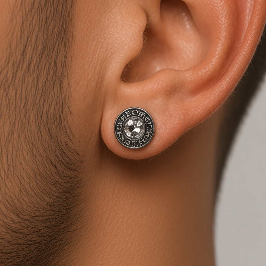 Men's Silver Crystal Flat Back Stud Earrings – Threaded Stainless Steel - A309 Firefly District - {{mens earrings}}