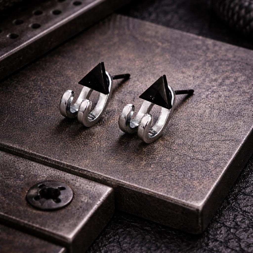 Silver Huggie Earrings for Men: Black Triangle Stud Jewelry, A501 Firefly District - {{mens earrings}}