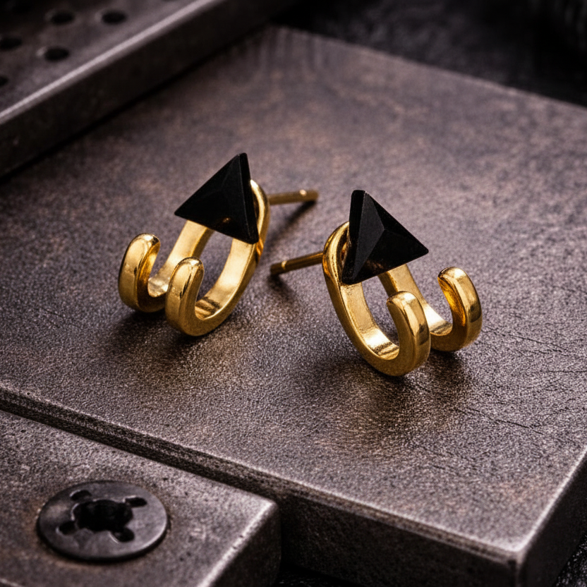 Black and Gold Huggie Earrings for Men: Waterproof Stud Jewelry, A501 Firefly District - {{mens earrings}}