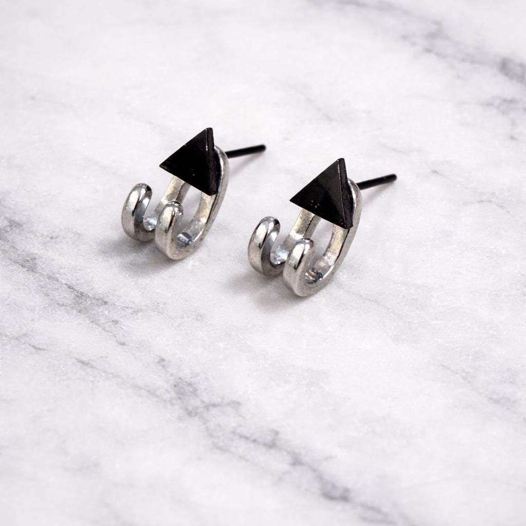 Silver Huggie Earrings for Men: Black Triangle Stud Jewelry, A501 Firefly District - {{mens earrings}}