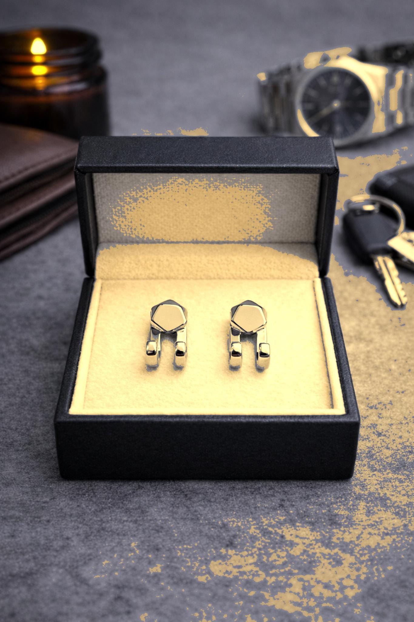 Mens Earrings - Gold Stud Earrings, Men, Minimalist Male Earring, 18k Gold Studs for Men, edgy earrings, Hex Studs, A510 Firefly District - {{mens earrings}}