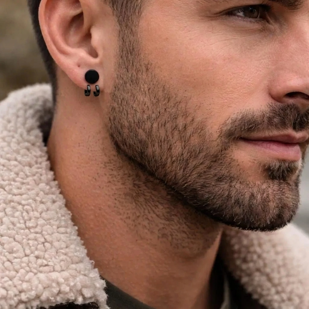 Black Mens Earrings with Black Wraps, Minimalist Male Earring, Black Earrings Silver Mens Stud Earrings, Studs for Men, hoop, A379 (Copy) Firefly District - {{mens earrings}}
