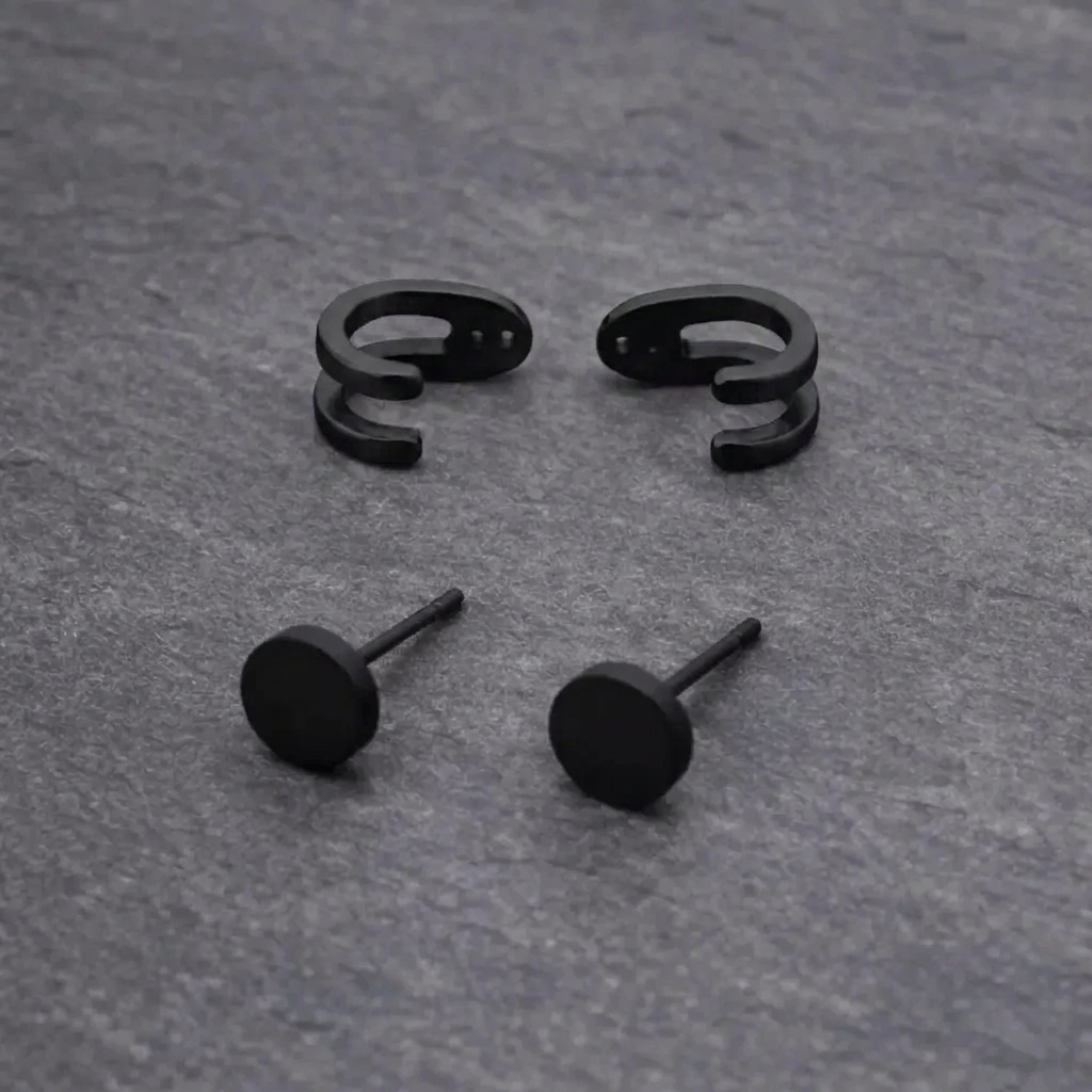 Black Mens Earrings with Black Wraps, Minimalist Male Earring, Black Earrings Silver Mens Stud Earrings, Studs for Men, hoop, A379 (Copy) Firefly District - {{mens earrings}}