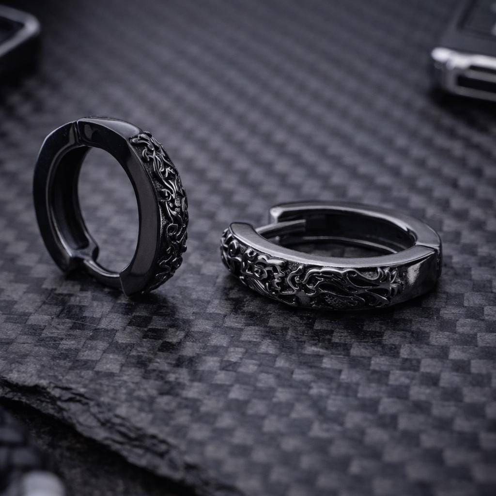 Mens Earrings - Black Earrings, Men, Edgy Male Earring, Dragon Glass, Mens Hoop Earrings, Hoops for Men, Rune hoop earrings, A339