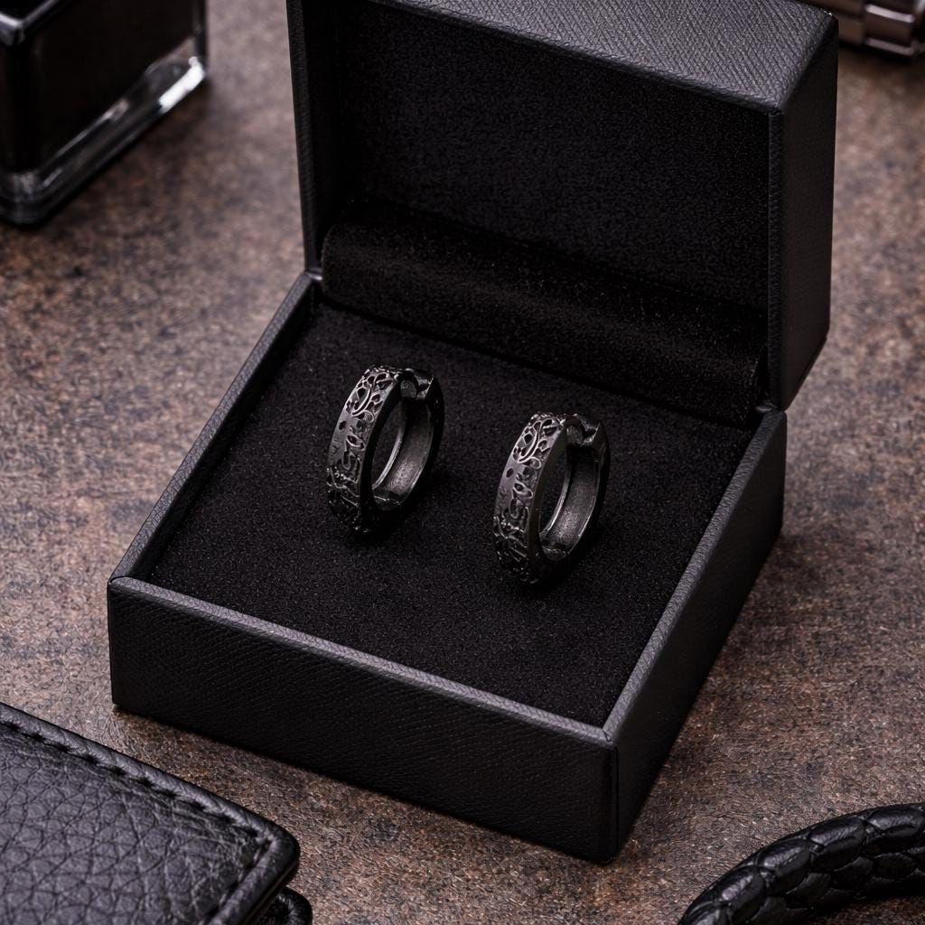 Mens Earrings - Black Earrings, Men, Edgy Male Earring, Dragon Glass, Mens Hoop Earrings, Hoops for Men, Rune hoop earrings, A339