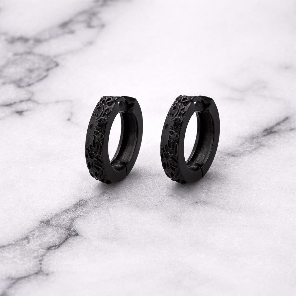 Mens Earrings - Black Earrings, Men, Edgy Male Earring, Dragon Glass, Mens Hoop Earrings, Hoops for Men, Rune hoop earrings, A339