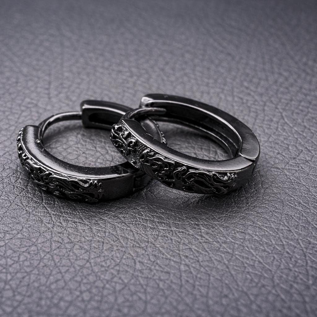Mens Earrings - Black Earrings, Men, Edgy Male Earring, Dragon Glass, Mens Hoop Earrings, Hoops for Men, Rune hoop earrings, A339