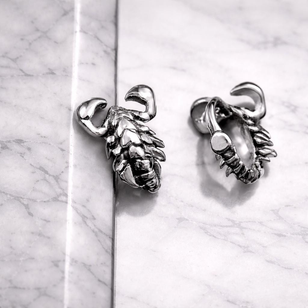 Mens Hoops Scorpion Earrings, Scorpion Hoop Earrings, Wrap Earrings Men, Gothic Earrings, Silver Mens Earrings, Edgy Mens Jewellery, A301 Firefly District - {{mens earrings}}