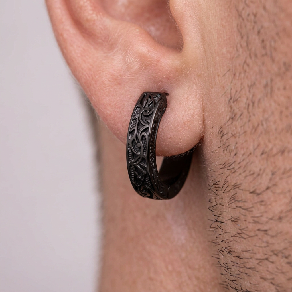 Black Dragon Glass, Mens Hoop Earrings, A339 Firefly District - {{mens earrings}}